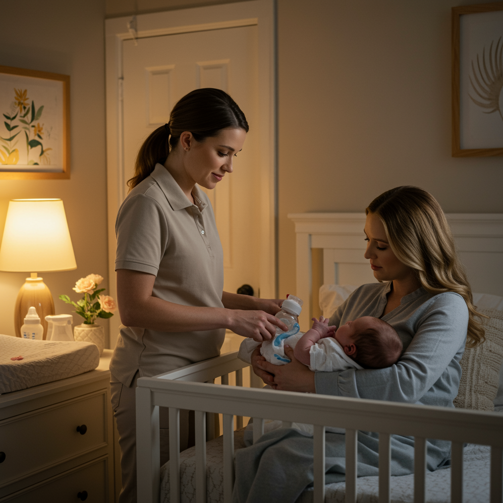 A woman feeds a baby with a bottle while a postpartum doula sits nearby in a softly lit nursery.