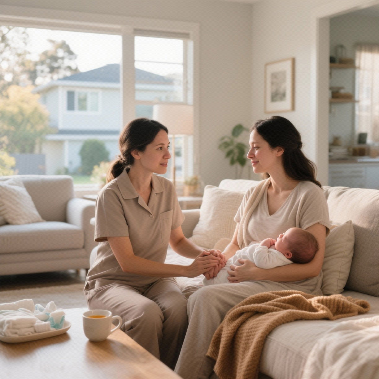 A Postpartum Doula comforts a new mother holding her baby on a cozy living room sofa during the day.
