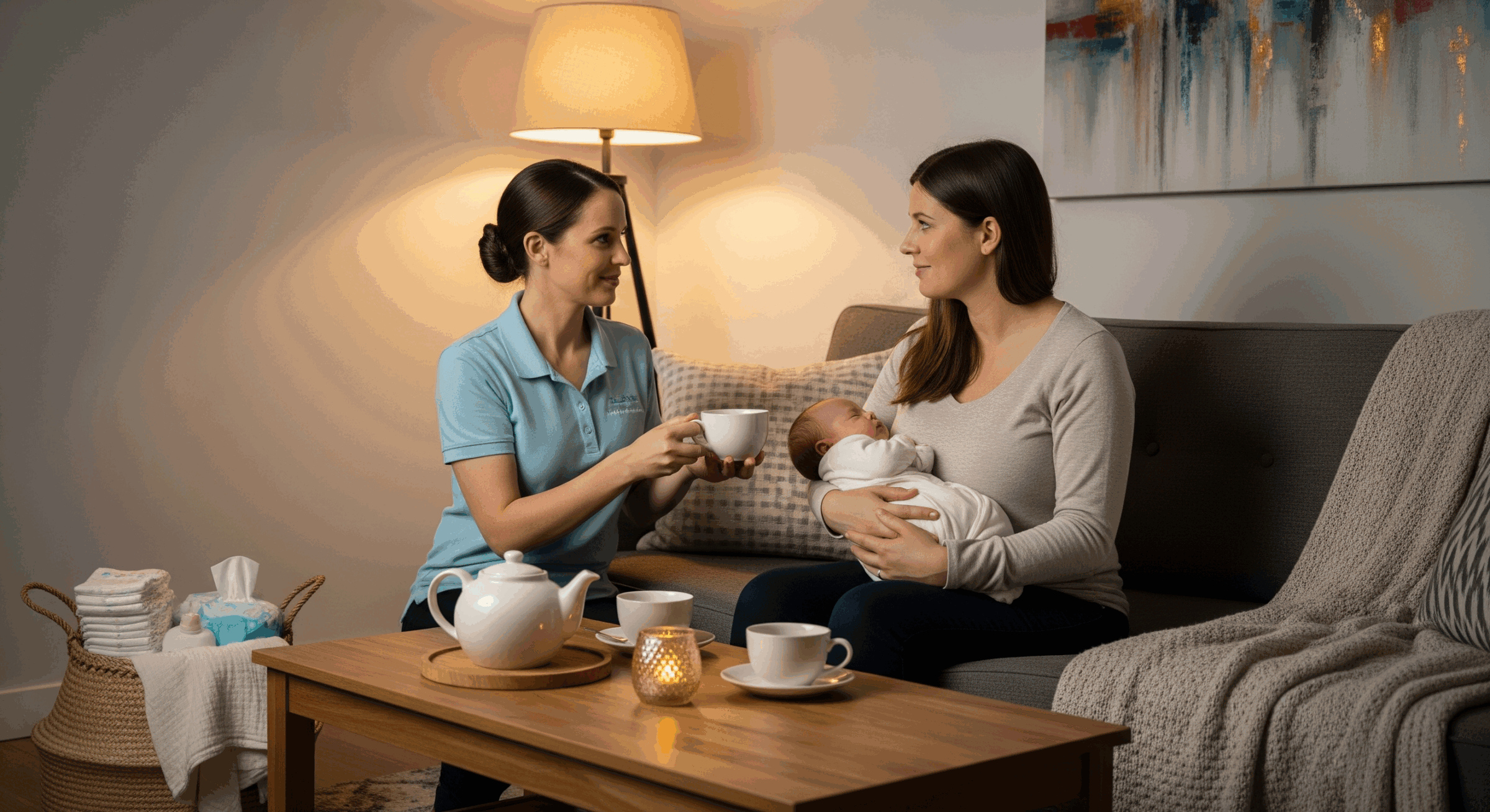A postpartum doula hands tea to a mother holding her baby on a cozy living room sofa.
